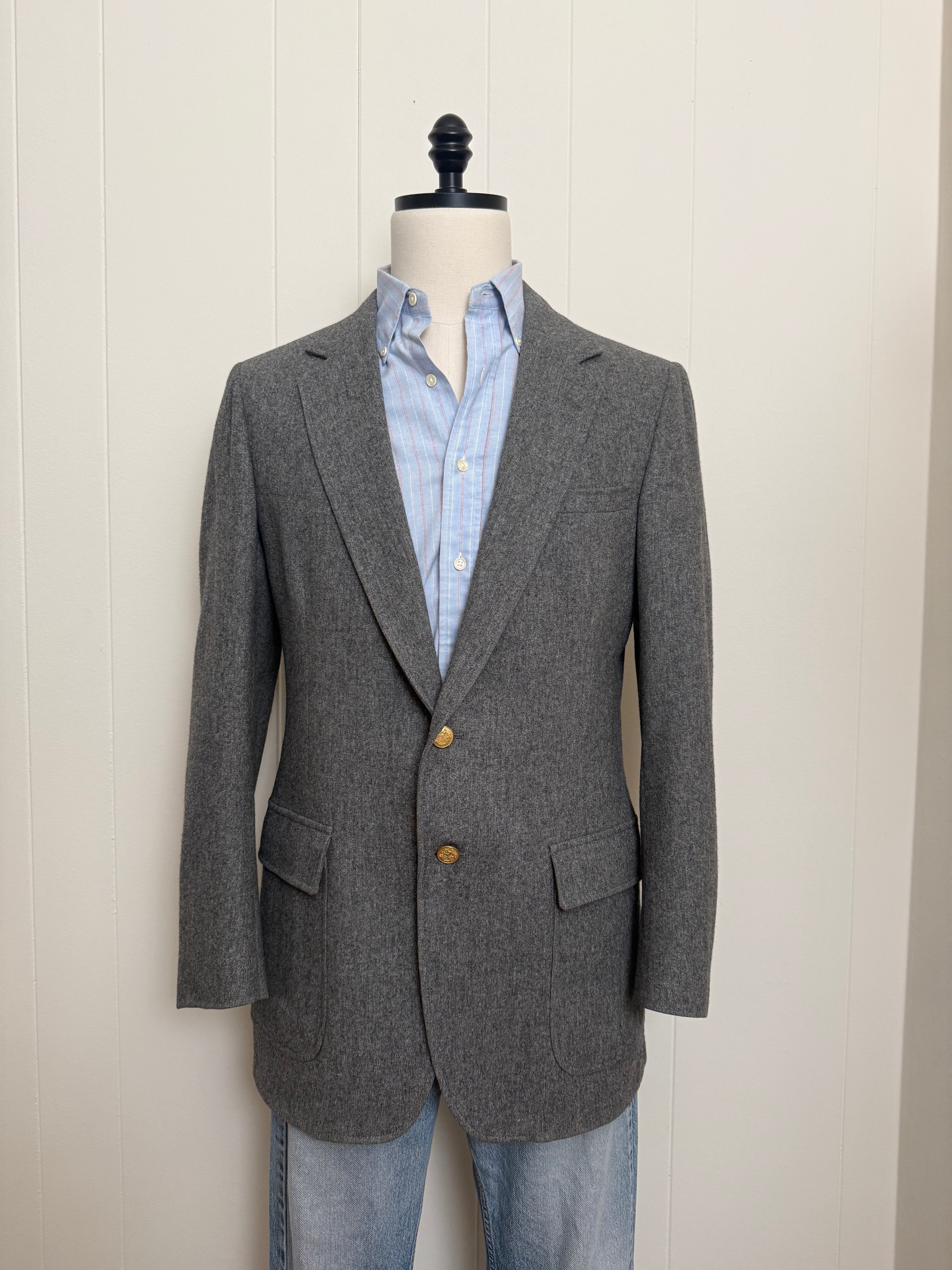 Vintage Gray Wool Blazer With Brass Buttons