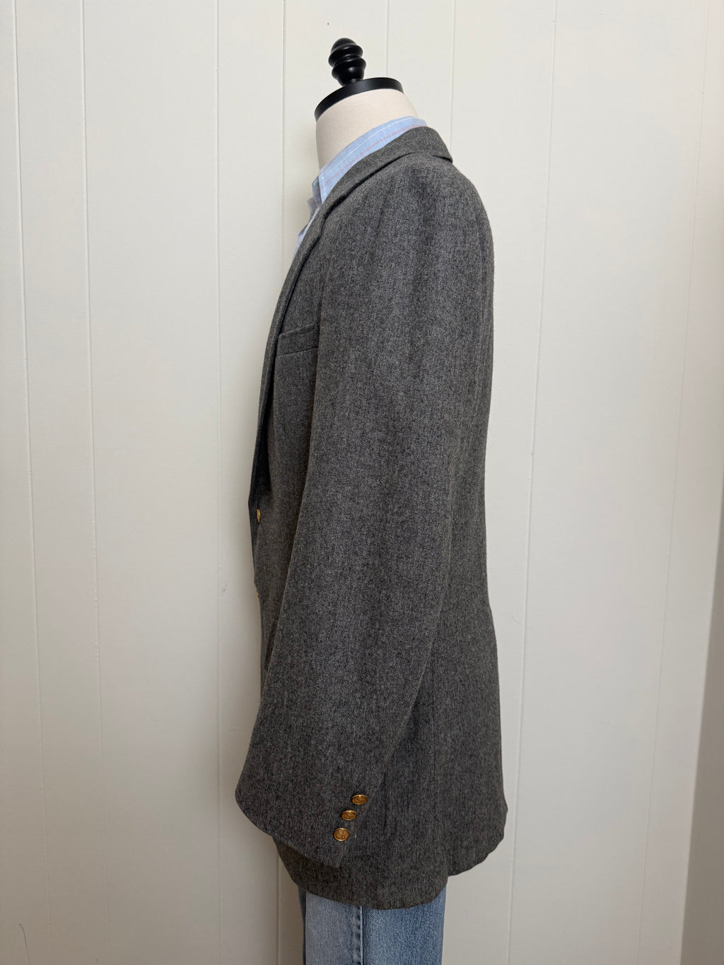 Vintage Gray Wool Blazer With Brass Buttons
