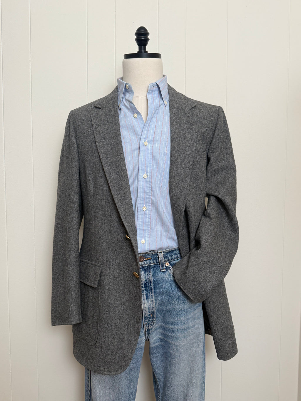Vintage Gray Wool Blazer With Brass Buttons